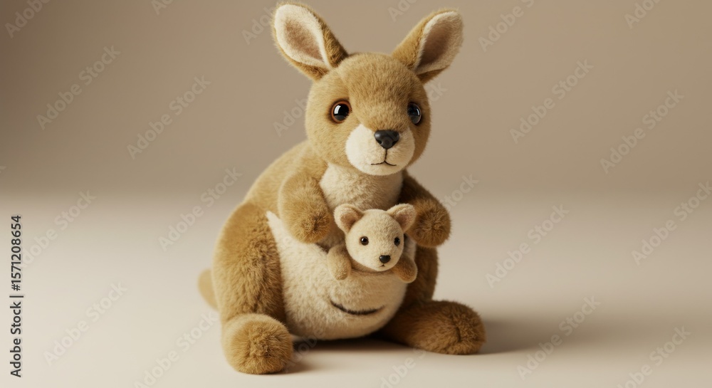 Fototapeta premium Plush kangaroo with joey, soft fur, neutral background