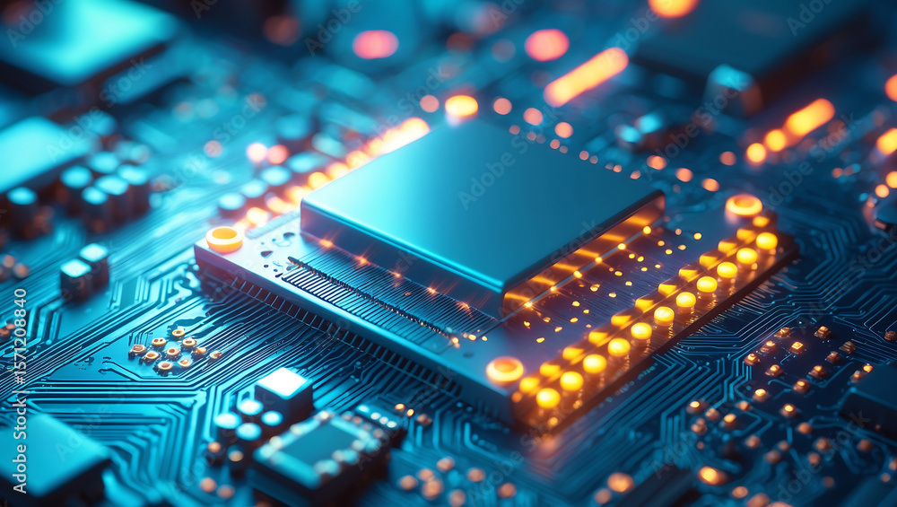 Obraz premium Close-up of illuminated computer processor chipset technology abstract background