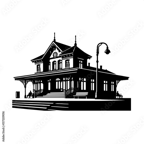 Black and White Vector Silhouette of a Train Station Exterior