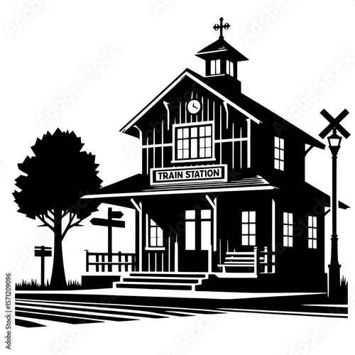 Black and White Vector Silhouette of a Train Station Exterior