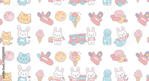 A cute and playful seamless pattern featuring pastel-colored kawaii illustrations of animals, desserts, and toys, creating a whimsical and charming design for various applications.