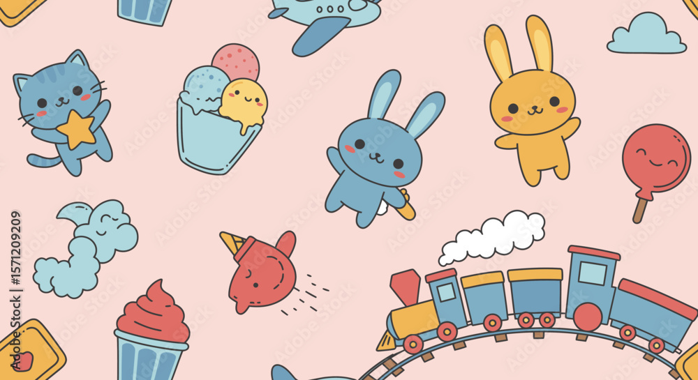 Fototapeta premium A charming pattern of whimsical illustrations featuring adorable cartoon animals, ice cream, a train, and other playful elements set against a soft pink backdrop.