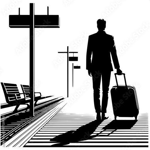Black and White Vector Silhouette of a Man Pulling Luggage on Platform