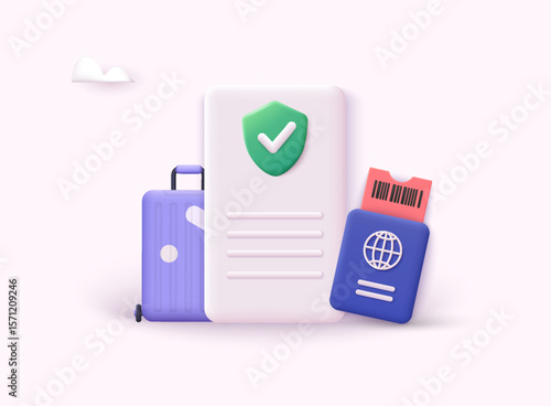 Travel insurance concept. Luggage with travel insurance policy and protection shield on smartphone. 3D Web Vector Illustrations.