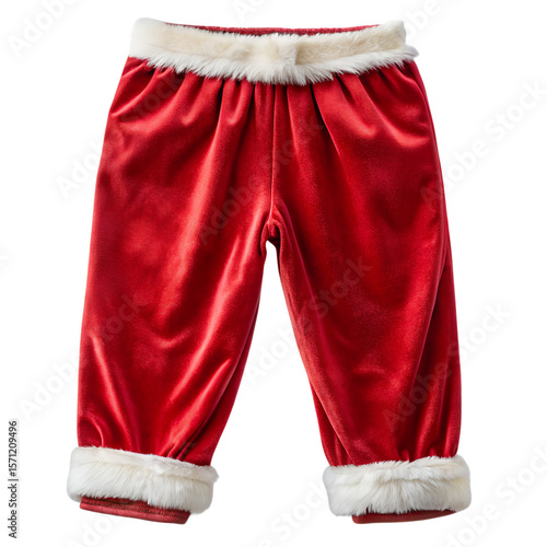 Red velvet Santa Claus pants with white faux fur trim isolated