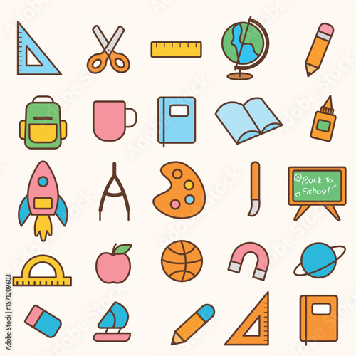 Colorful Hand-Drawn School Supplies Icon Set – Back to School Vector Illustration