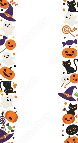 Halloween themed border featuring pumpkins, ghosts, cats, candies, and witch hats on a white background.