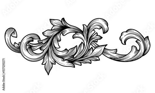 Scroll swirl curl engraving ornament. Vintage Baroque filigree flourish ornamental. Oriental victorian ornate decorative design element. Vine floral art deco calligraphic vector illustration