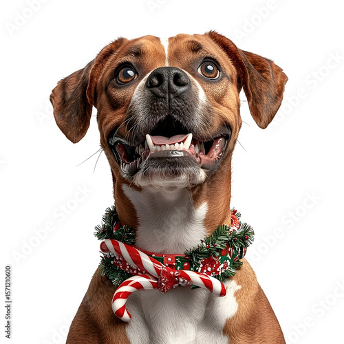Closeup portrait of a happy friendly dog wearing a candy cane themed Christmas costume isolated on a pure white background