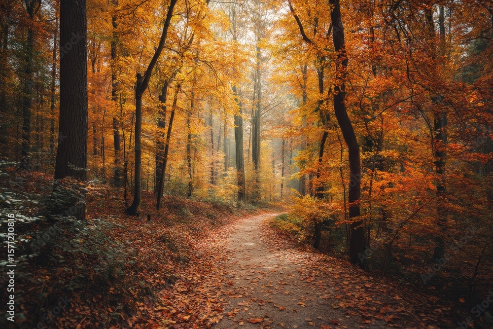 Obraz premium Autumn pathway winding through a serene forest with vibrant fall foliage