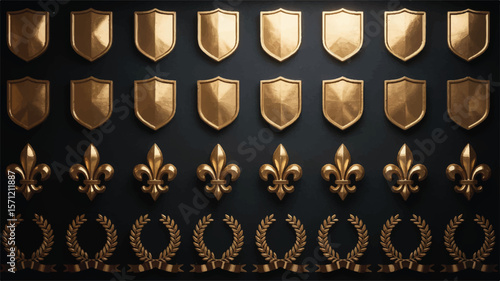 Golden Heraldic Emblems Ornate Designs shields fleur de lis