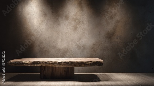 Fototapeta Naklejka Na Ścianę i Meble -  Rustic wooden table against a textured wall (1)