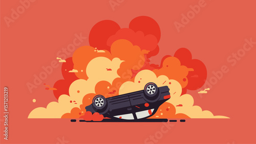 Upset Car in Explosion, Flat Vector Illustration