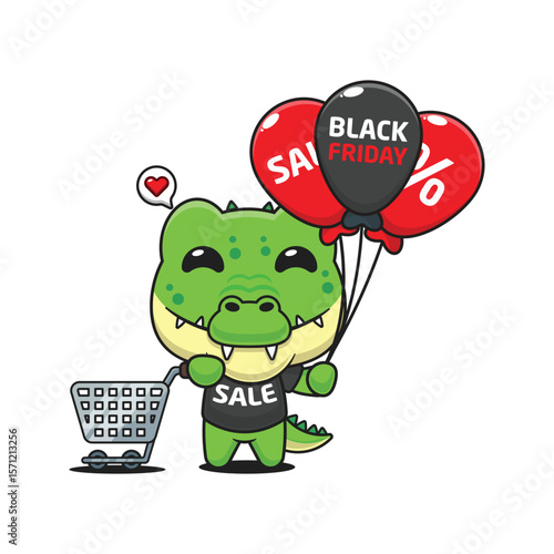 cute crocodile with shopping cart and balloon at black friday sale cartoon vector illustration
