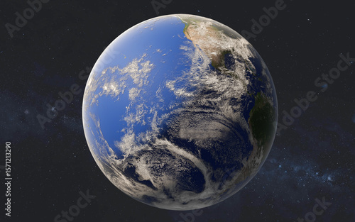 Fototapeta Naklejka Na Ścianę i Meble -  A view of Earth from space reveals its curved horizon, swirling cloud formations, and sunlit oceans, framed by the vast cosmic backdrop. Elements of this 3D render illustration were furnished by NASA