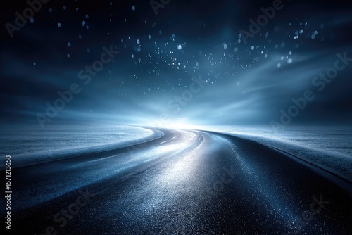A dark, icy road winds into a bright, starlit night