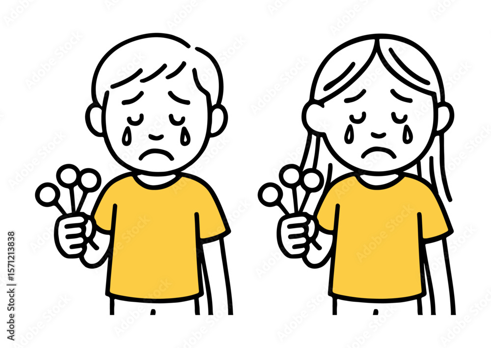 Boy And Girl Crying With Lollipop His Hand. Hand-Drawn Emotional Expression, Doodle Sketch, Grief, Tears, Kid Crying, Simple Art Vector Illustration Boy And Girl Crying With Lollipop His Hand. Hand-Drawn Emotional Expression, Doodle Sketch, Grief, Tears, Kid Crying, Simple Art Vector Illustration