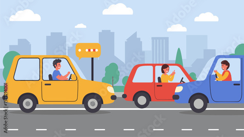 City Street Traffic Scene with Cars and Drivers Illustration