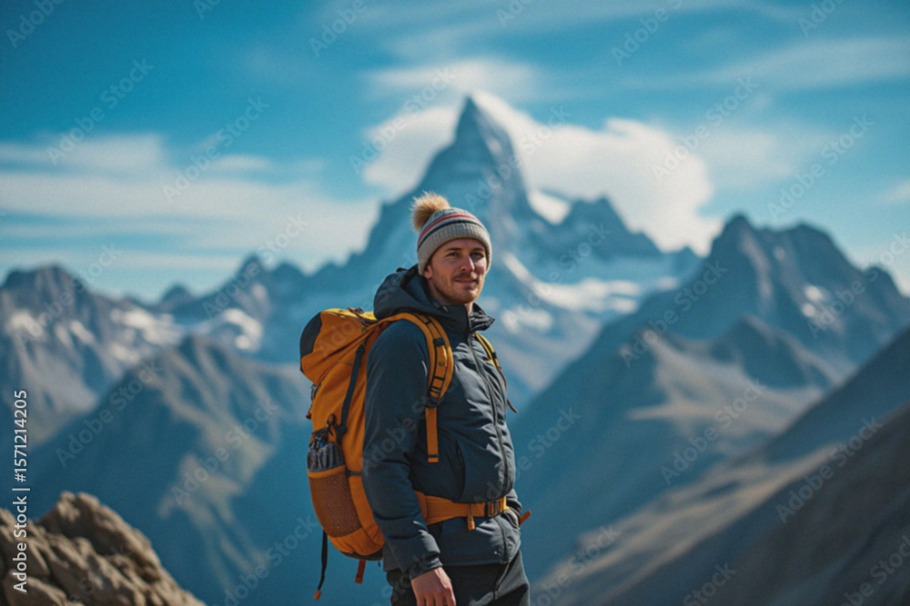 Naklejka premium Smiling Mountaineer in Cold Mountain Region