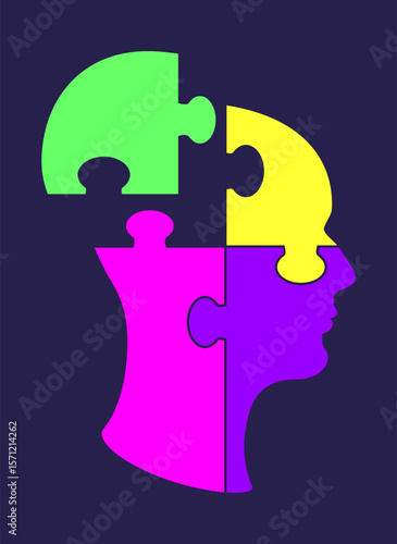 Bright colorful puzzle pieces forming a human head symbolizing psychology, mental health, intelligence, logic, and connection. Abstract illustration representing teamwork and brain function.