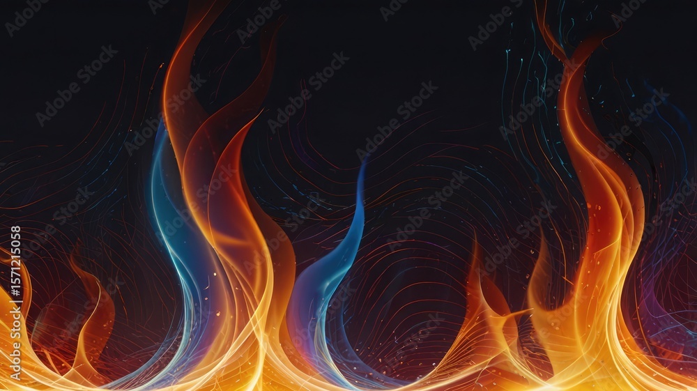 Fototapeta premium Abstract depiction of stylized flames in shades of orange, yellow, and blue against a dark background.