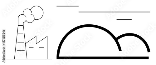 Industrial factory with smoking chimney releasing fumes near large cloud shape. Ideal for environmental issues, air pollution, industry impact, sustainability, climate change, ecology, minimalist