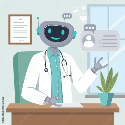 Illustration of a friendly robot doctor wearing a lab coat and stethoscope, interacting with virtual data and patient records in a modern office setting. Ideal for medical futuristic concepts.
