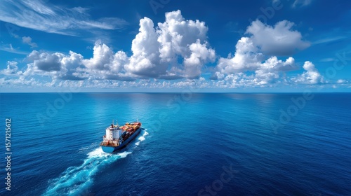 Cargo ship navigating calm ocean waters under a blue sky with fluffy clouds
