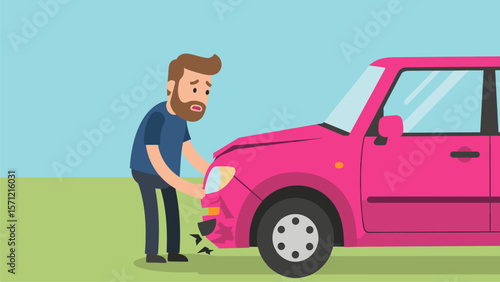 Upset Man Inspecting Damaged Pink Car Bumper