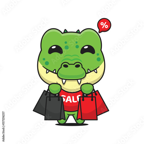 cute crocodile with shopping bag in black friday sale cartoon vector illustration