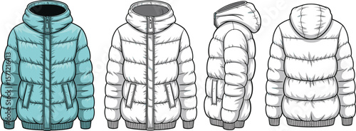 CAD drawing flat vector illustration of puffer jacket front side back view with hood zipper winter clothing design template