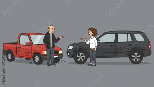 Cartoon Illustration of a Car Accident Dispute Between a Man and a Woman