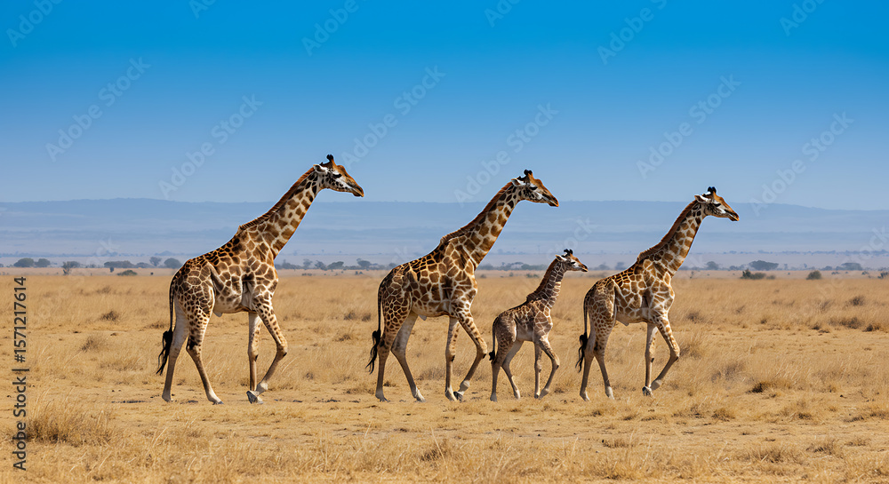 Obraz premium Giraffe Family Herd Walking Savanna Africa Wildlife Nature Animal