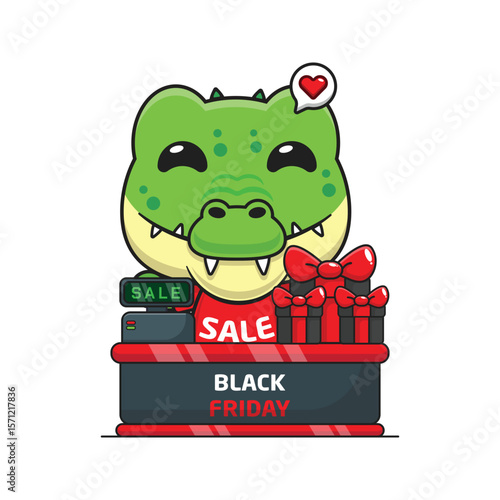 cute crocodile with cashier table in black friday sale cartoon vector illustration