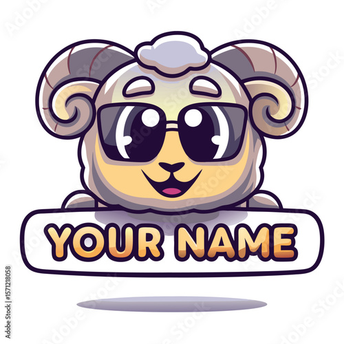Cute sheep mascot with sunglasses, customizable name
