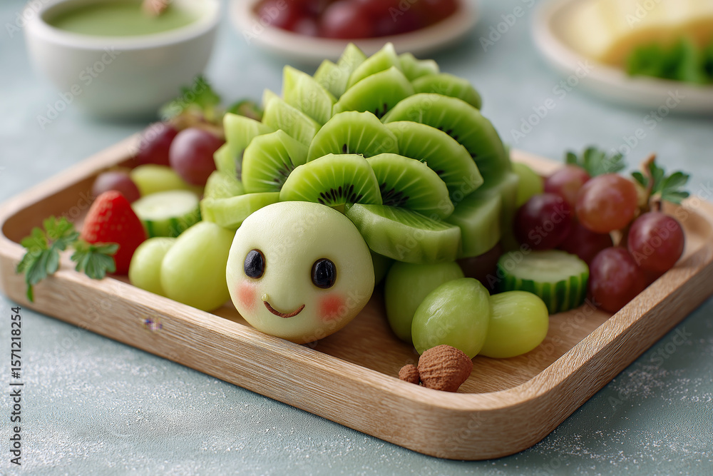 custom made wallpaper toronto digitalSmiling turtle character made from kiwi slices, grapes, and melon balls, placed on a tray.