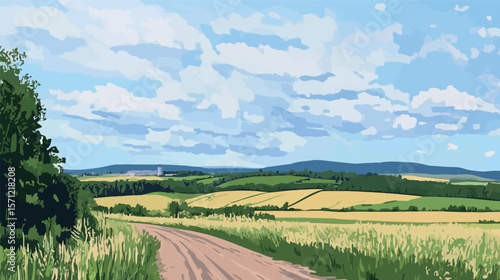 Panoramic landscape of central Russia agriculture featuring vast golden wheat fields, gently rolling hills, and distant tree lines under a wide open sky—capturing the serene rural beauty, 