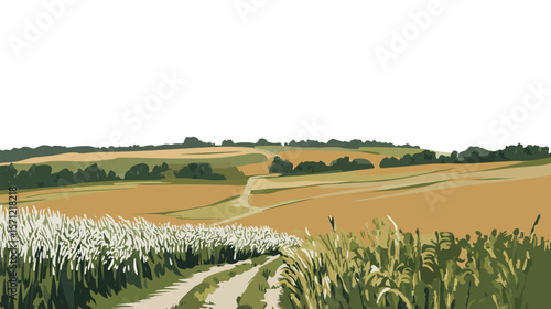 Panoramic landscape of central Russia agriculture featuring vast golden wheat fields, gently rolling hills, and distant tree lines under a wide open sky—capturing the serene rural beauty,
