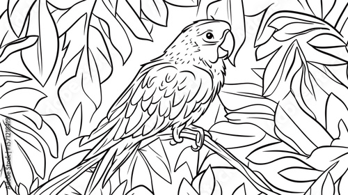 Parrot in the jungle coloring page for kids featuring a playful tropical parrot sitting on a branch surrounded by jungle leaves, vines, and flowers—perfect for fun and educational activities