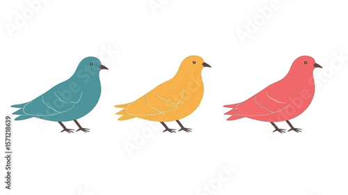 Pigeons vector graphic design featuring a group of stylized pigeons in various poses, including flying and perching, created in a clean modern vector style—ideal for urban nature themes