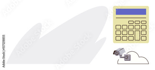 Digital calculator with blue screen alongside a security camera connected to cloud storage. Ideal for technology, data monitoring, finance, cloud computing, surveillance, analysis, simple flat