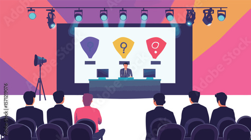 Vector graphic design of a quiz game show stage featuring bright lights, podiums, digital screens, and dynamic elements, representing competitive entertainment, knowledge contests, TV broadcasting,
