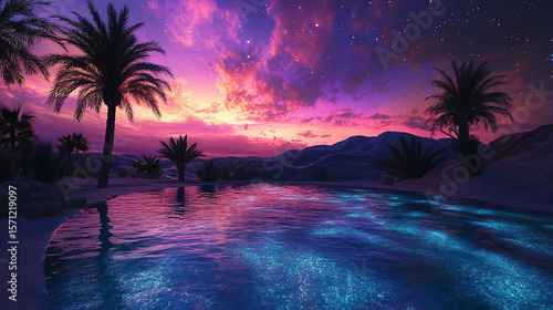 Fototapeta Naklejka Na Ścianę i Meble -  A peaceful desert oasis under a cosmic sky glowing star