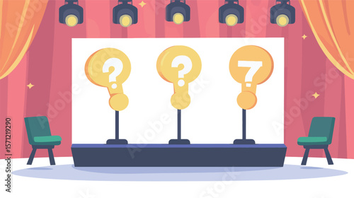 Vector graphic design of a quiz game show stage featuring bright lights, podiums, digital screens, and dynamic elements, representing competitive entertainment, knowledge contests, TV broadcasting,
