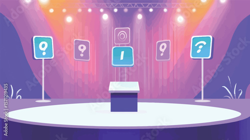 Vector graphic design of a quiz game show stage featuring bright lights, podiums, digital screens, and dynamic elements, representing competitive entertainment, knowledge contests, TV broadcasting,