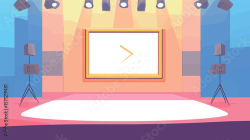 Vector graphic design of a quiz game show stage featuring bright lights, podiums, digital screens, and dynamic elements, representing competitive entertainment, knowledge contests, TV broadcasting,