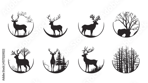 Silhouette of reindeer in circular formation, featuring minimalist black outlines of multiple reindeer arranged in a round pattern, ideal for holiday themes, winter wildlife, festive decorations, 