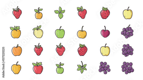Seamless repeatable fruit grid pattern vector covering the entire canvas, featuring colorful assorted fruits like apples, oranges, bananas, and berries in a clean, vibrant arrangement, ideal for food 