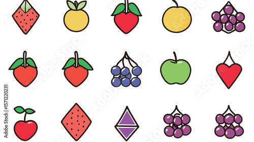 Seamless repeatable fruit grid pattern vector covering the entire canvas, featuring colorful assorted fruits like apples, oranges, bananas, and berries in a clean, vibrant arrangement, ideal for food 