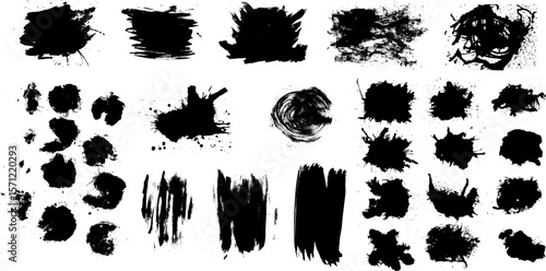 Collection of high-contrast black brush, ink splatters textures with various abstract stains, drips, and blot effects. Abstract grunge design element is for versatile design use, dirty texture.